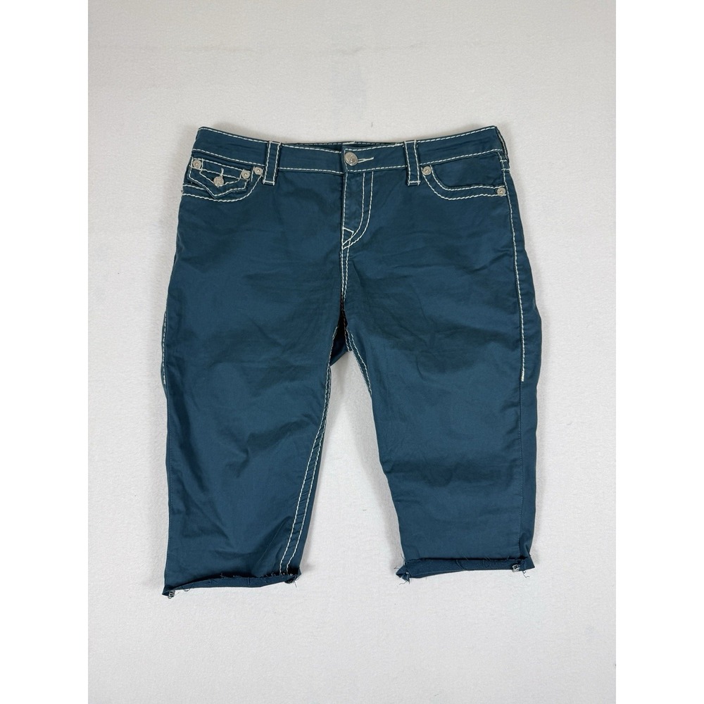 True Religion Womens Teal Blue Big T Stitch Flap Pocket Capri Shorts Size 32